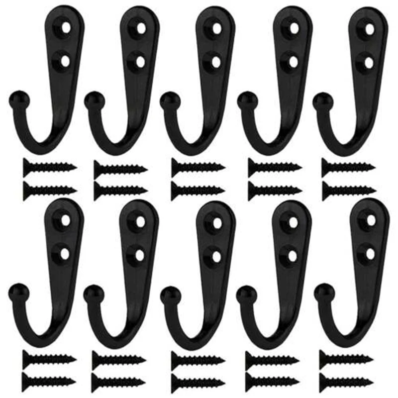 

10pcs Small Black Hooks Coat Hangers Screws Zinc Alloy 21X12X30mm Home Storage Organization Multi-Purpose Hooks Cupboard Parts