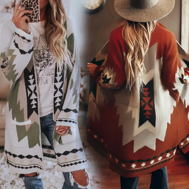 

New Autumn Winter Women's Clothing Long Sleeve Printed Cardigan Coat Woolen Coat Women's Winter Jacket Female