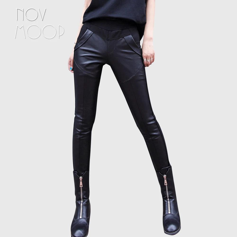Novmoop sliced sheepskin genuine leather women pensil pants legging patched with spandex fabric back side chic LT3328