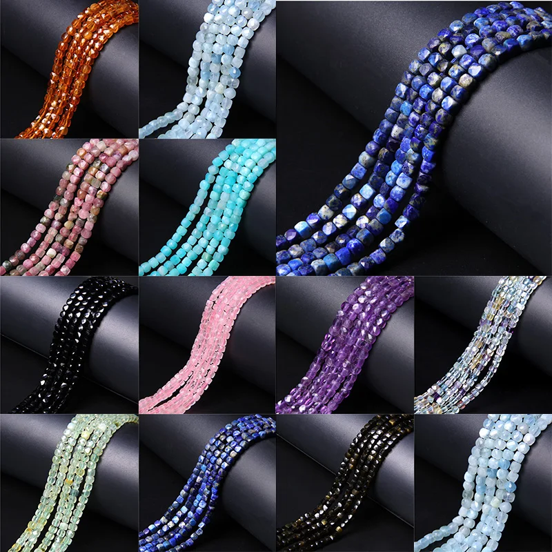 

Aquamarin Amethysts Lapis Lazuli Prehnites Tourmaline Natural Stone Faceted Cube Beads 3.8-4.5mm For Jewelry Making 15.5inch