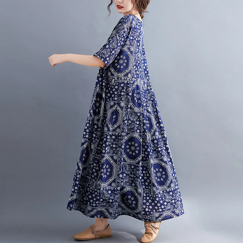 

2021 Cotton Floral Printed Ladies Dresses for Women Long Oversized Floral Dress Plus Size Vintage Casual Summer Dresses Vestidos