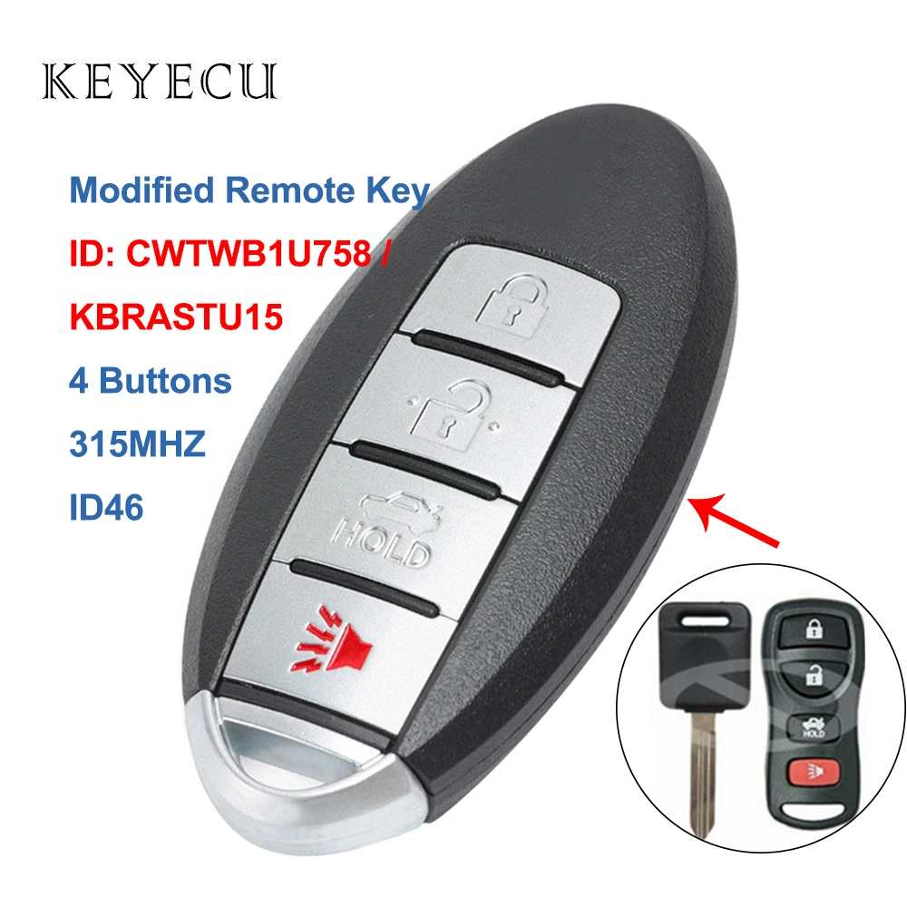 

Keyecu KBRASTU15 модифицированный дистанционный Автомобильный ключ 4 кнопки 315 МГц для Nissan G35 EX35 Sentra 350Z Armada Altima Maxima FCC: CWTWB1U758