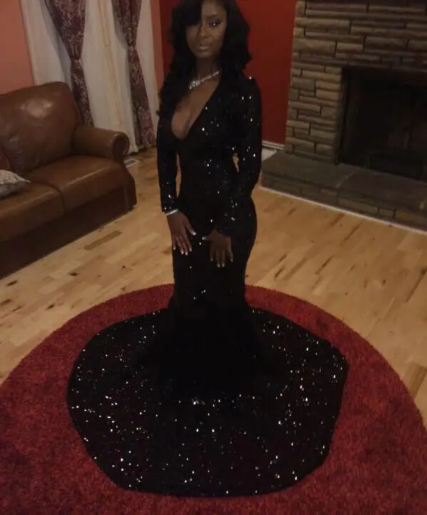 

Long Sleeve Black Mermaid Prom Dresses Sequins Lace Long Sleeves Sexy Deep V Neck robe de soiree Custom Make Dresses