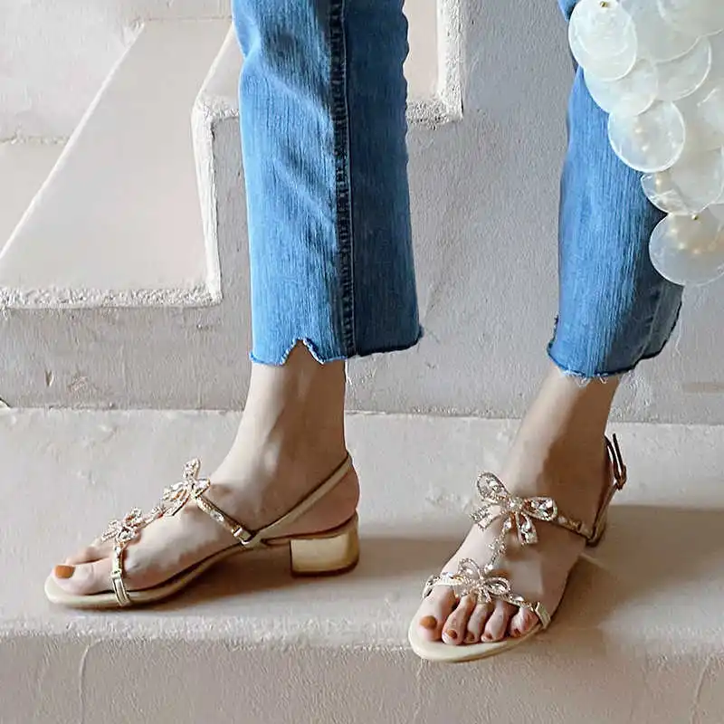 

heel fairy wind 2020 toe middle heel all-match Bow rhinestone sandals female coarse sandals