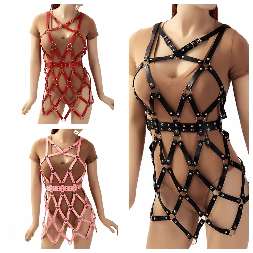 

Женское кожаное платье в стиле панк, короткая юбка-клетка с вырезами и перекрестными лямками