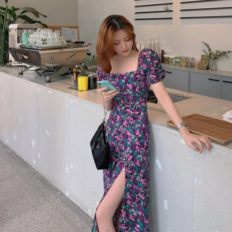 Корейское Ретро фиолетовое цветочное приталенное платье с квадратным вырезом и