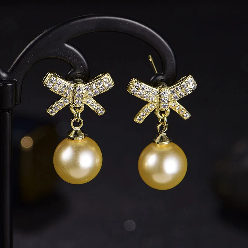 Women's Bowknot Wedding Stud Earrings Shiny Micro Crystal Butterfly Imitation Pearl Elegant Bridal Piercing Earring Jewelry Gift