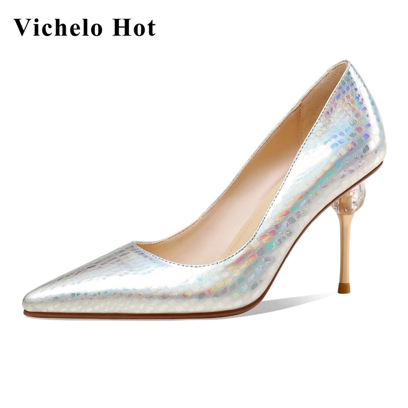 

Vichelo Hot large size genuine leather pointed toe super high heels special design beauty lady European style women pumps L01
