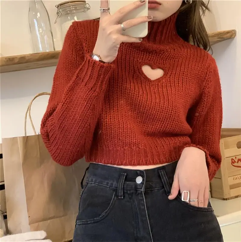 Повседневная Водолазка с длинным рукавом вязаный пуловер вырезами в форме