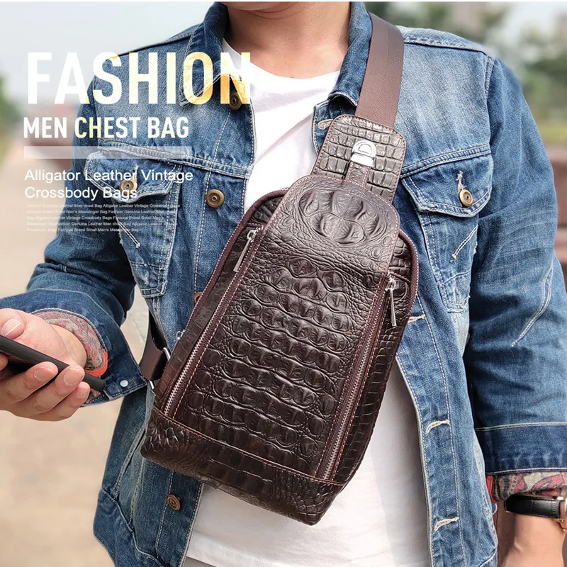 New Genuine Leather Men's Chest Bag Crocodile Pattern Leather European and American Men Messenger Bags