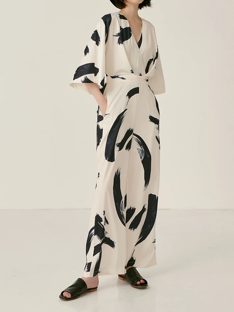 Чернила печати Lin брюки Tai 2019 темперамент талии V привести широкие войлочные Брюки