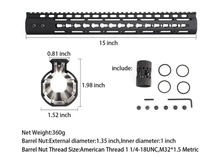 15 inch Black AR15 свободный поплавок тонкий стиль " 9" 1" 12" 13," 15" Keymod ствольная накладка Пикатинни рельс с стальная муфта ствола для крепления прицела - Цвет: 15 inch Black