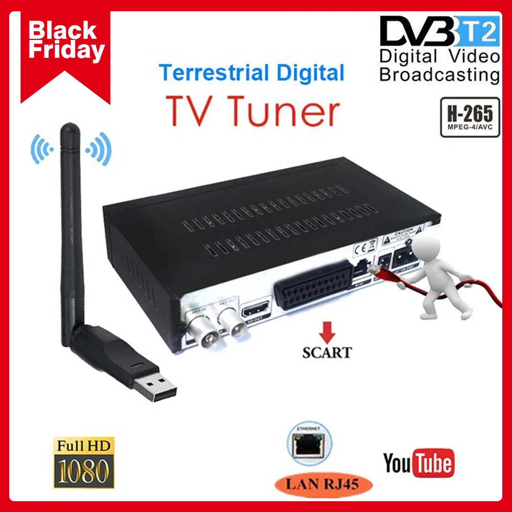 Популярный спутниковый цифровой ТВ приемник DVB T2 с Scart LAN RJ45 тюнер H.265/HEVC декодер