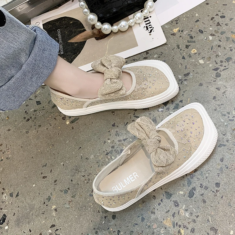 

Shoes Woman 2021 Square Toe Casual Female Sneakers Crystal Bow-Knot Flats New Rhinestone Butterfly Summer Dress Leisure Canvas B