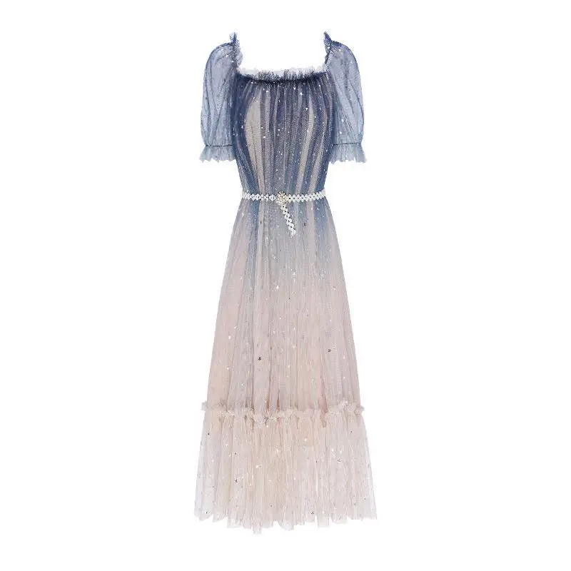 

French Summer Sequins Dress Women 2021 Summer Elegant Designer Square Collar Midi Dress Party Y2k Clothes One-Piece Dress Korean