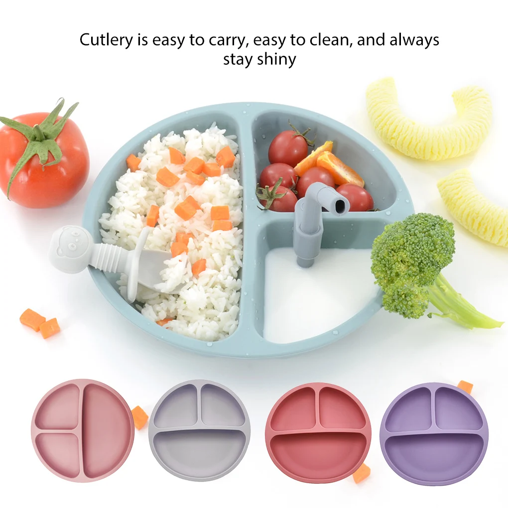 

Fashion Solid Silicon Plate Set For Baby Kids Training Feeding Dinnerware Baby Learning Plate Set With Fork Spoon BPA Free