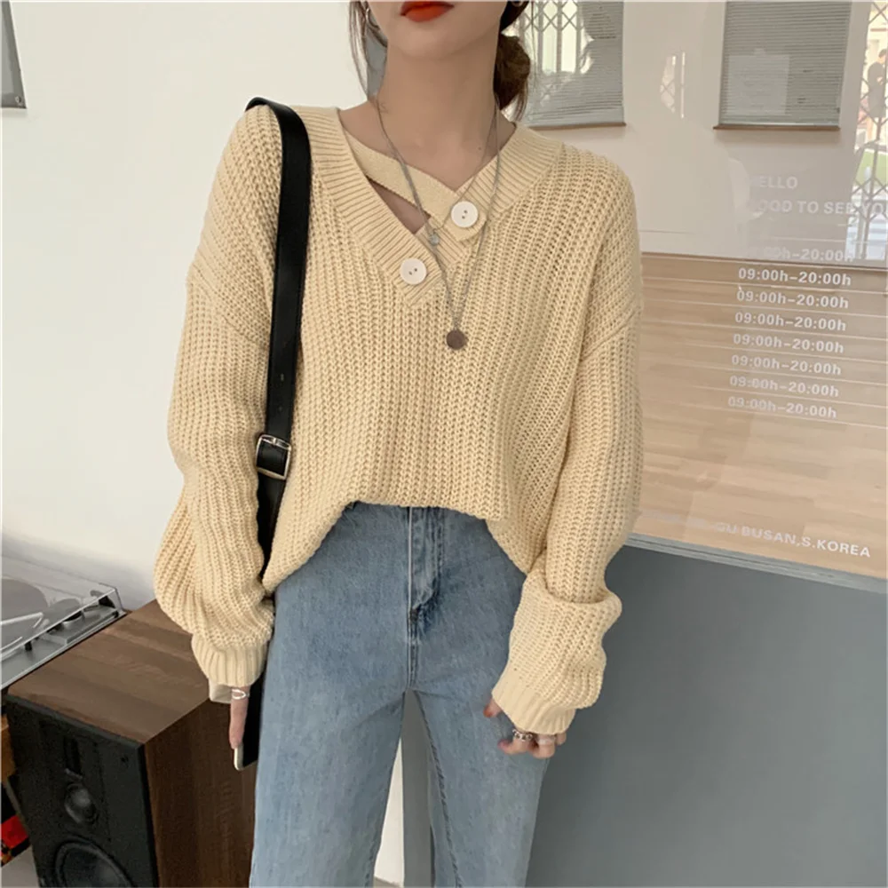 

Alien Kitty Pullover Sweaters Button Sweet Solid New V-Neck Loose Stylish Warm Autumn 2021 Soft Knitwear OL Chic Femme Tops