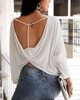 women elegant fashion casual long sleeve blouse beaded backless sexy tops