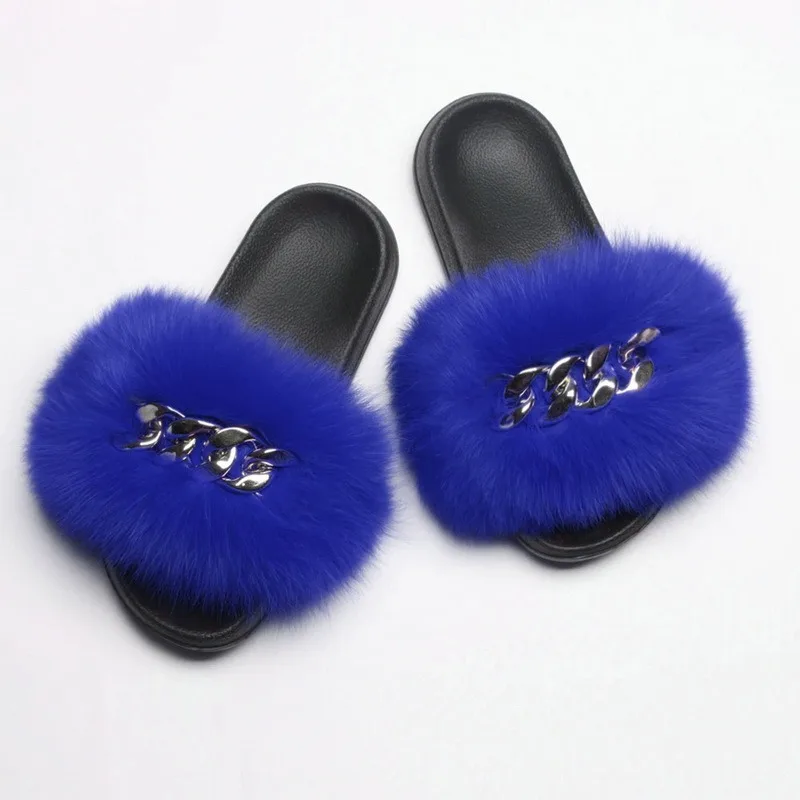 

2021Women Slippers Ladies Summer Flat Fox Fur Slides Women Fox Fur Sandals Woman Outdoor Sandals Female Trendy Shoes