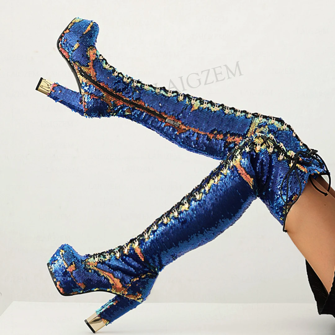 LAIGZEM-Botas por encima de la rodilla para mujer, zapatos de tacón grueso con purpurina ostentosa, de pantorrilla ancha, talla 33, 42, 43