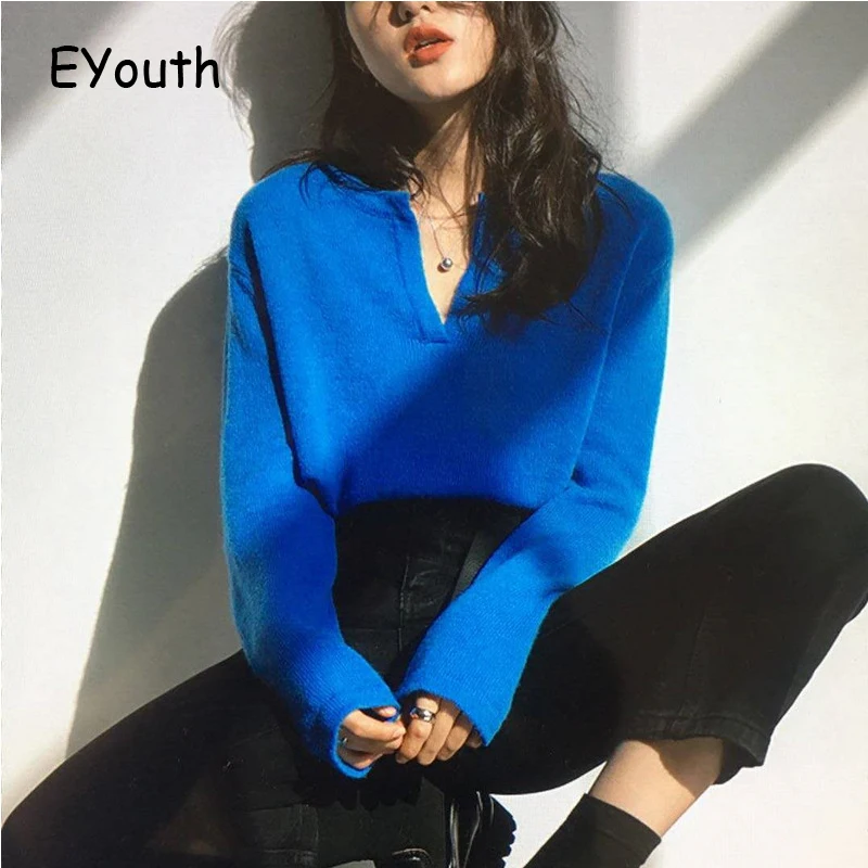 

Fashion Blue Women Sweaters 2020 Autumn New Solid Color V-neck Knitted Top Women Casual Sweater Crop Sweater Women Clothes