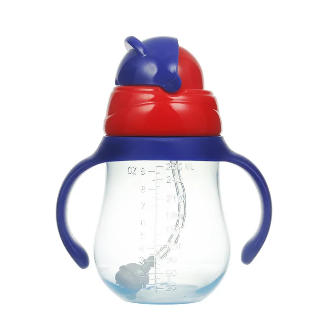 blue 260ml 330 мл милая детская чашка с соломинкой герметичные Детские для кормления питья бутылка для воды Двойная Ручка одежда для малышей обучения учебный Поильник с ремешком - Цвет: blue 260ml