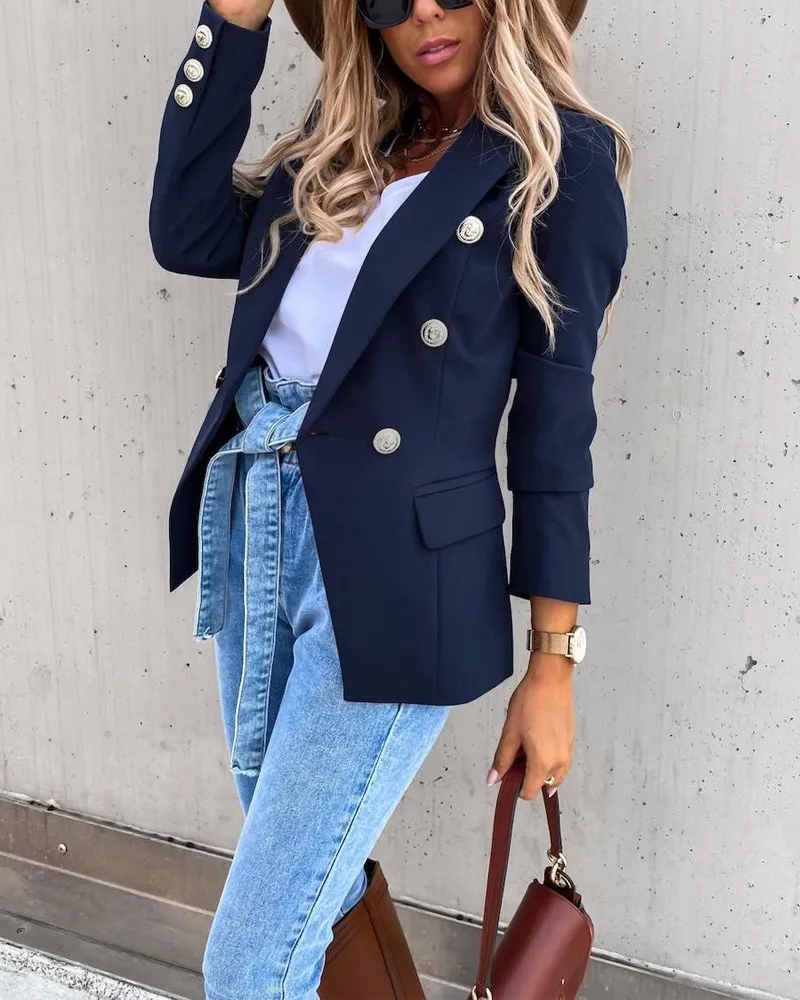 

Женский костюм, новый модный приталенный двубортный блейзер с отложным воротником и длинным рукавом, Женская характерная одежда для работы...