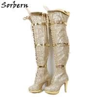 sorbern custom sequins over the knee boots unisex high heel platform shoes glitter triple straps personal tailor wide fit boot