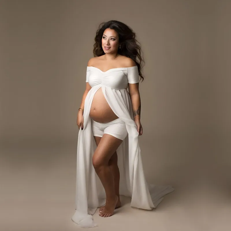 Maternity Photography Props Long Dress White Chiffon For Photo Shoot Slash Neck Slit Open Pregnancy Dresses | Мать и ребенок