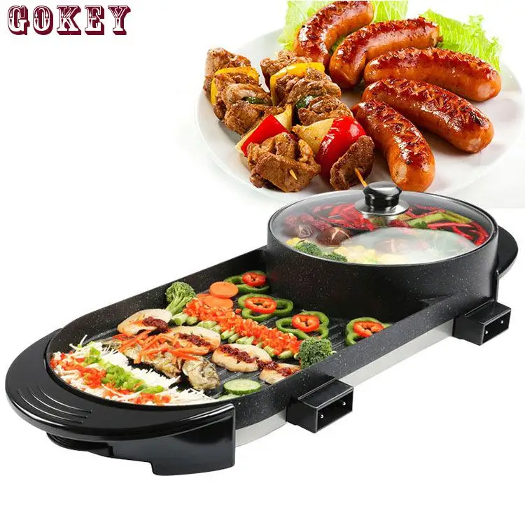 Цена Электрический гриль и кастрюля для выпечки 2 в 1, плоская сковорода с двойным вкусом, бездымный гриль, плоский гриль, антипригарное покрытие ...