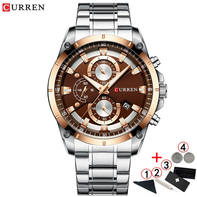 silver-brown-add-box Мужские часы Curren от ведущего бренда, роскошные мужские наручные часы с хронографом, кварцевые спортивные часы синего золота для мужчин - Цвет: silver-brown-add-box