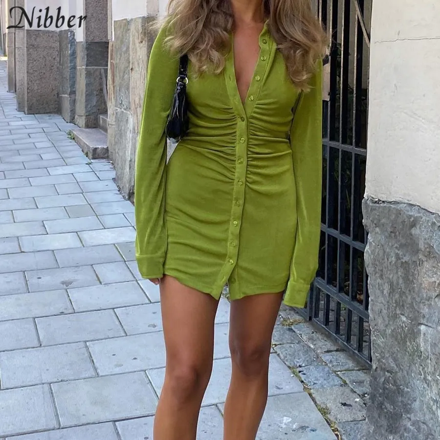 

Nibber Basic Design Flannel Pleated Bodycon Dresses For Women Enegant Party Street Casual Long Sleeve Mini Dress Female 2021 New