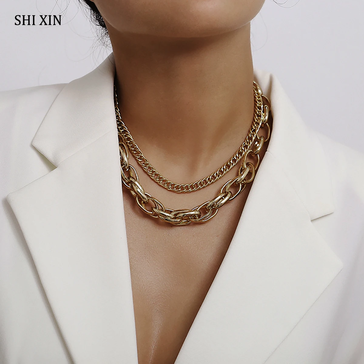 

SHIXIN Punk Exaggerated Thick Chain Choker Necklace for Women Statement Layered Necklace Collar on the Neck Checker 2019 Jewelry