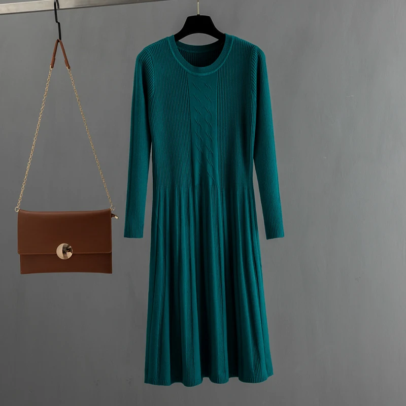 green 033 GIGOGOU Осень Зима Женское платье-свитер до середины икры длинные шикарные женские платья трапециевидной формы мягкие вязанные платья - Цвет: green 033