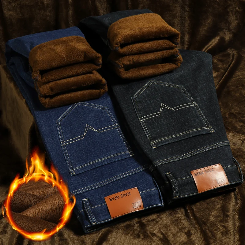 Синие джинсы мужские зимние для мужчин теплые черные Moda Masculina классические