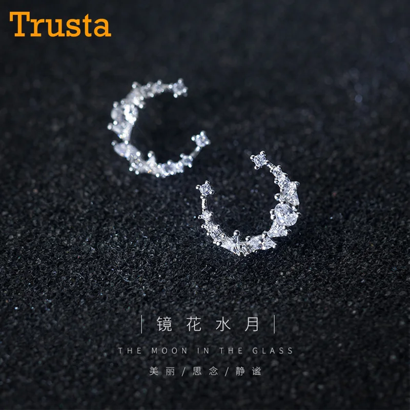 Настоящее серебро Trusta 100% 925 пробы модные серьги гвоздики с фианитами подарок для