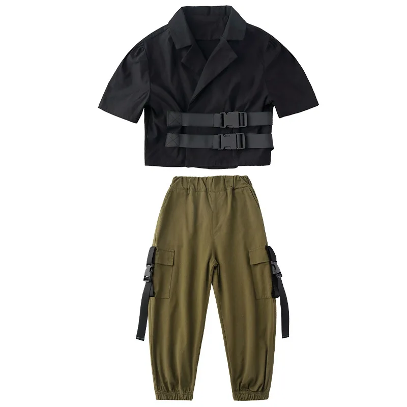 

Kid Cool Hip Hop Clothing Black Short Jacket Top Coat Loose Green Running Casual Pants for Girls Jazz Dance Costume Clothes Wear