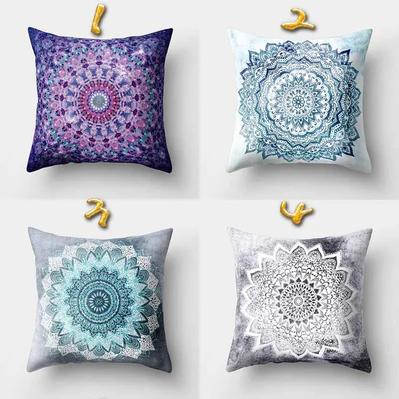 Цветочный узор в виде мандалы синяя наволочка для диванной подушки из полиэстера
