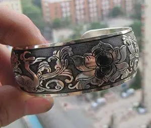 Винтажная Серебряная манжета браслет с цветком лотоса тибетская буддистская