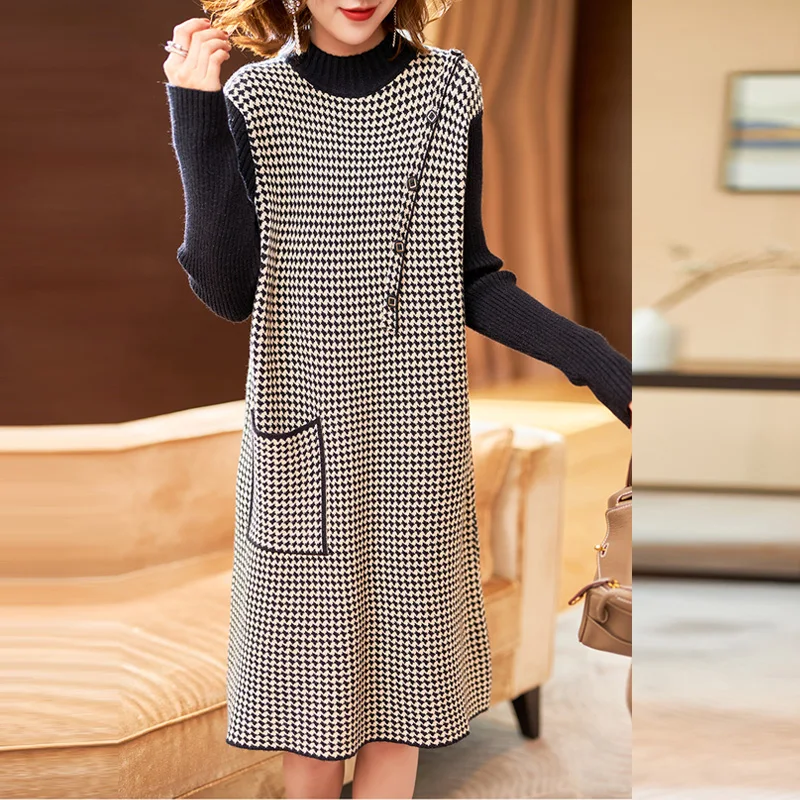 Женское трикотажное платье-свитер средней длины повседневный облегающий