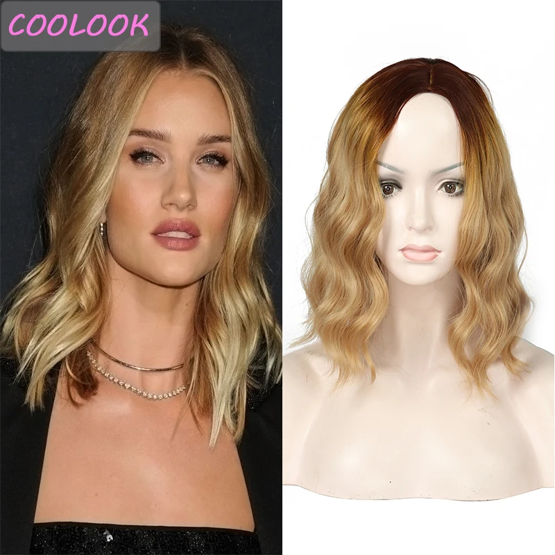

Short Wavy Blonde Wigs for Women 14inch Ombre Short Natural Wave Bob Wig Middle Part Heat Resistant Fibre Cosplay Water Wave Wig