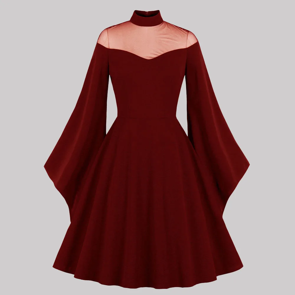 Женское платье с высокой талией однотонное Сетчатое воротником-стойкой и