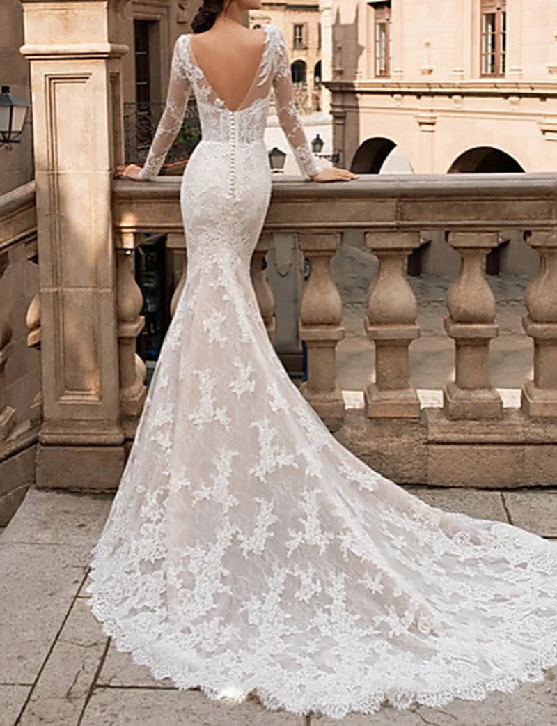 Luxury Lace Mermaid Wedding Dresses Long Sleeves Backless Vestido De Noiva Sexy Elegant Bride Dress Gowns | Свадьбы и торжества