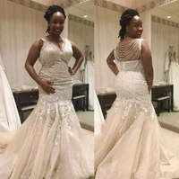 african mermaid lace wedding dresses v neck appliques plus size bridal gowns beading chains tulle wedding gowns