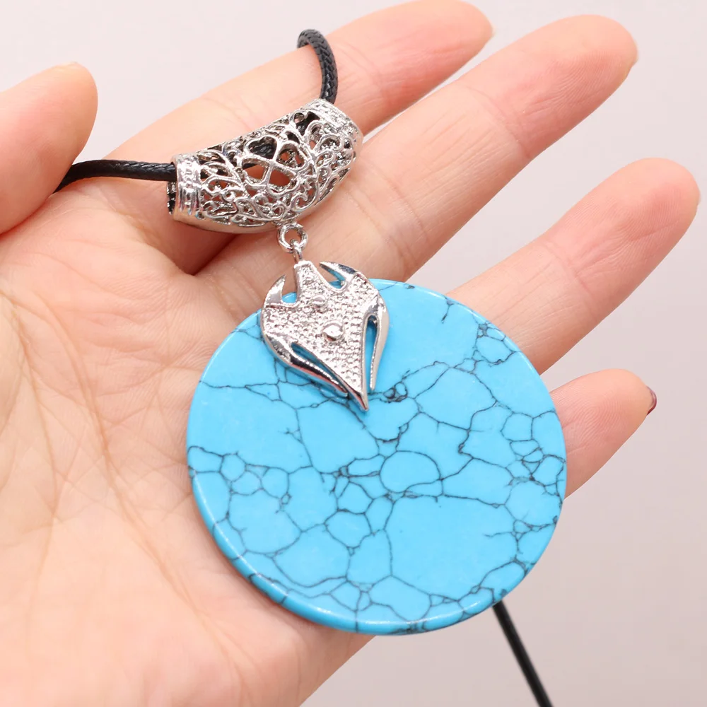 

Explosive Natural Stone Gem Turquoise Alloy Round Pendant Necklace Handmade Crafts DIY Necklaces Sweater Chain Jewelry Making