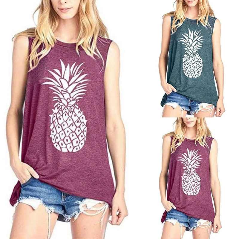 

Женская летняя футболка с принтом ананасов и фруктов, забавный графический однотонный Повседневный Свободный Топ без рукавов, Пляжная туни...