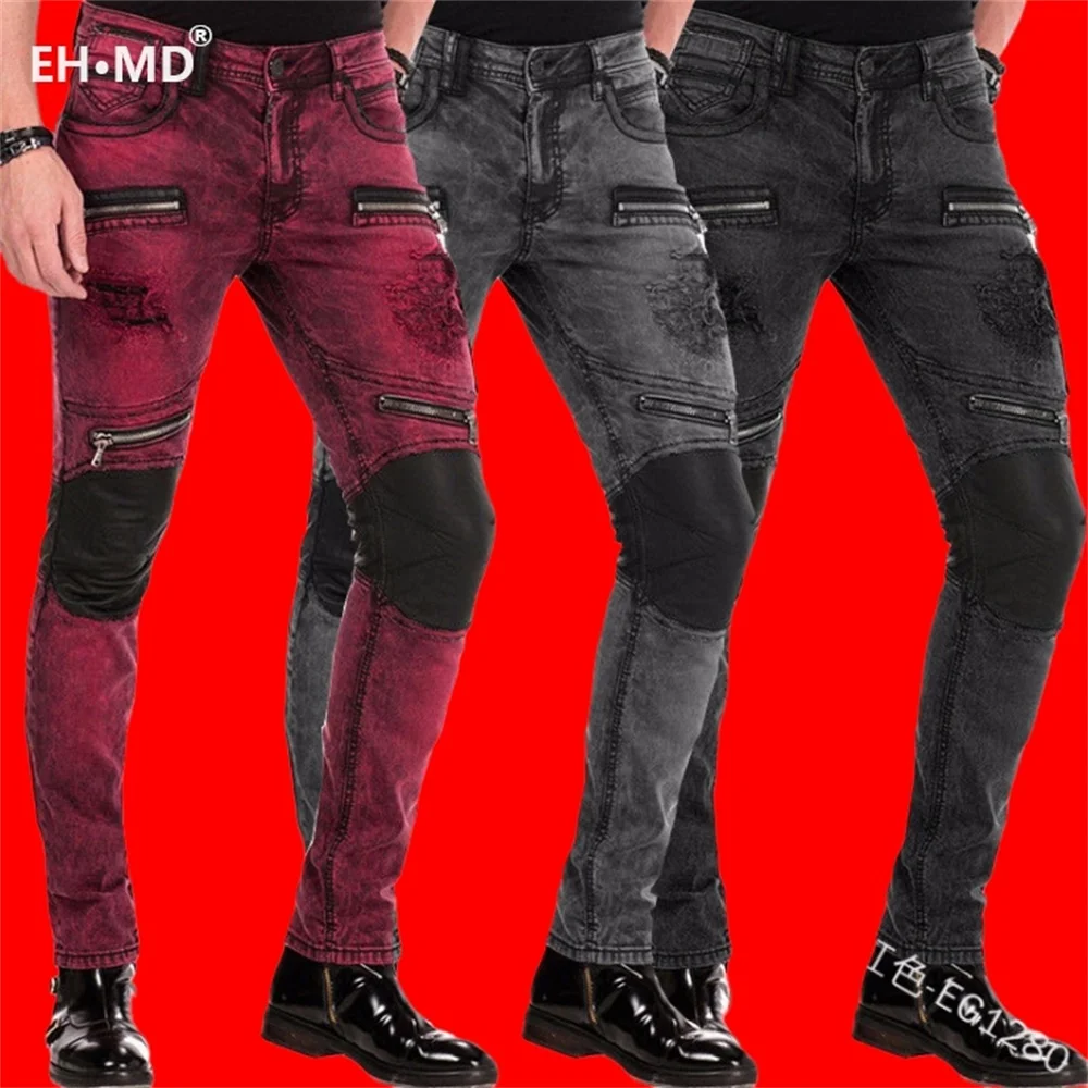 EH · MD®Джинсы мужские кожаные до колена, хлопковые эластичные узкие брюки-карандаш с карманами на молнии, дышащие тонкие удобные, 2020