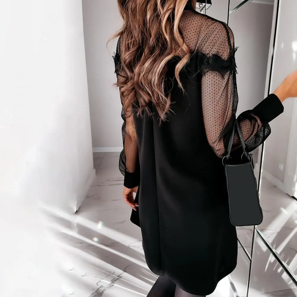 

Women Dress Elegant Polka Dot Print Lace Mesh Sheer Polyester Long Sleeve Loose Party Dress Street Wear 2021