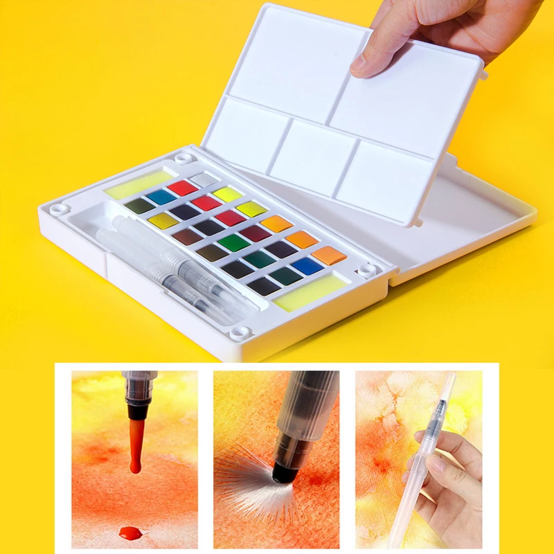 

2/18/24/36 Colors Portable Travel Solid Pigment Watercolor Paints Set With Water Color Brush Pen For Painting Art Supplies