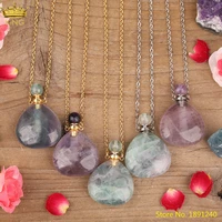 natural rainbow fluorite stone heart shape perfume bottle pendant classic women gold gemstones diffuser vials necklace jewelry